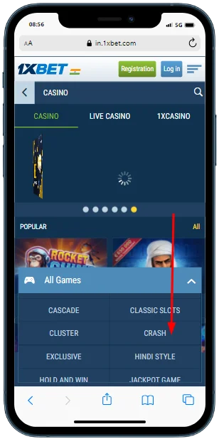 A cell phone with a navigation of crash games of the 1xbet casino
