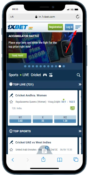 A cell phone with a home page and navigation of the 1win casino
