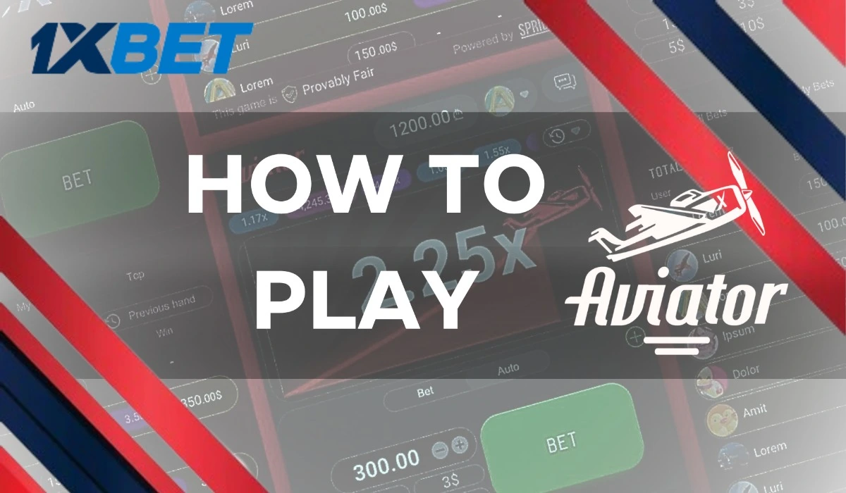 Aviator game background with 1xbet logo and inscription how to play