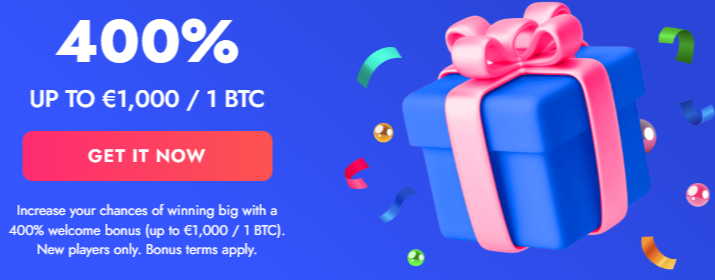 400% up to €1,000 or 1 BTC welcome bonus bluechip with a button get it now