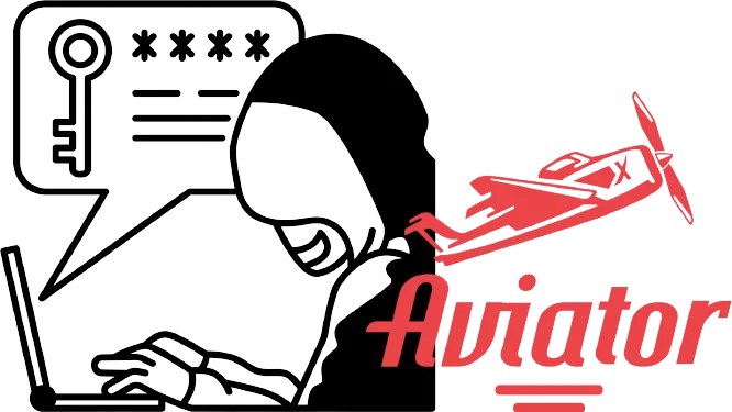 Um homem com desktop e chave tenta hackear o jogo e o logotipo do Aviator