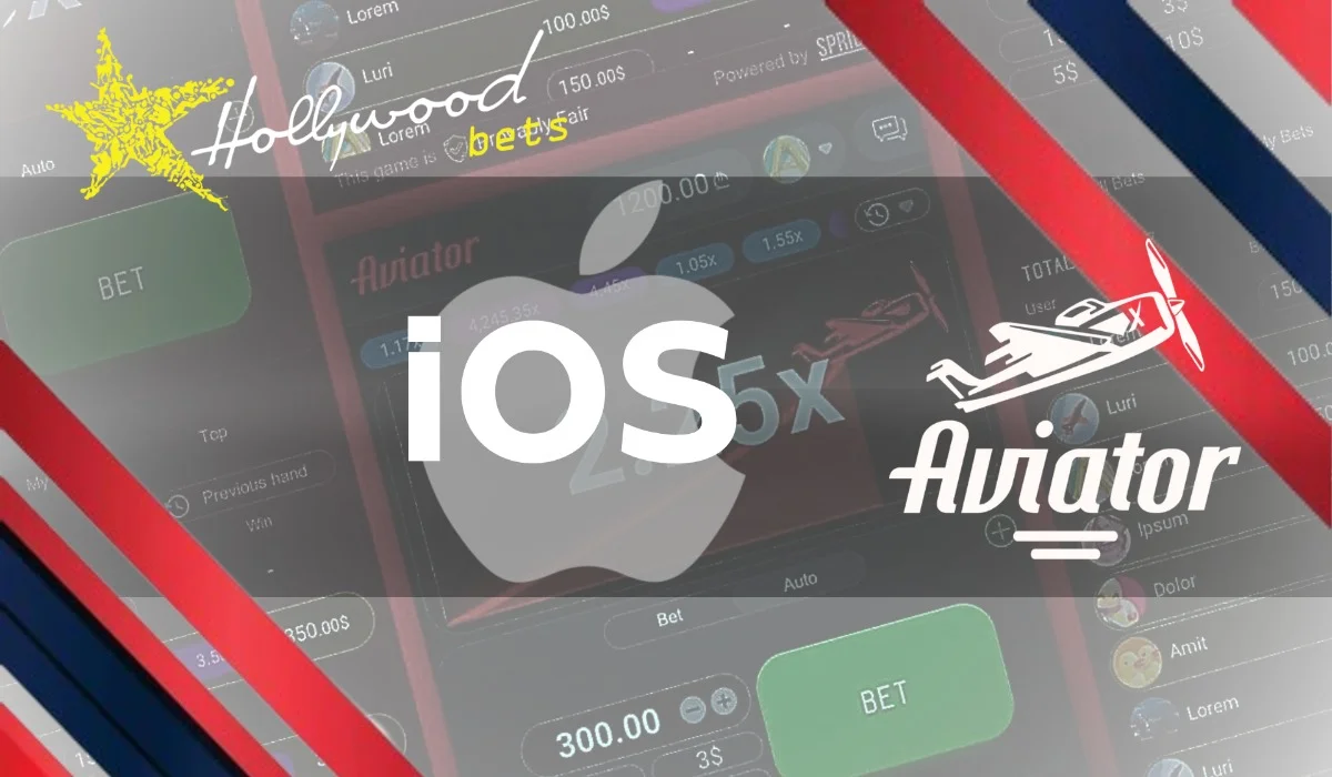 Aviator game background with hollywoodbets logo and inscription ios