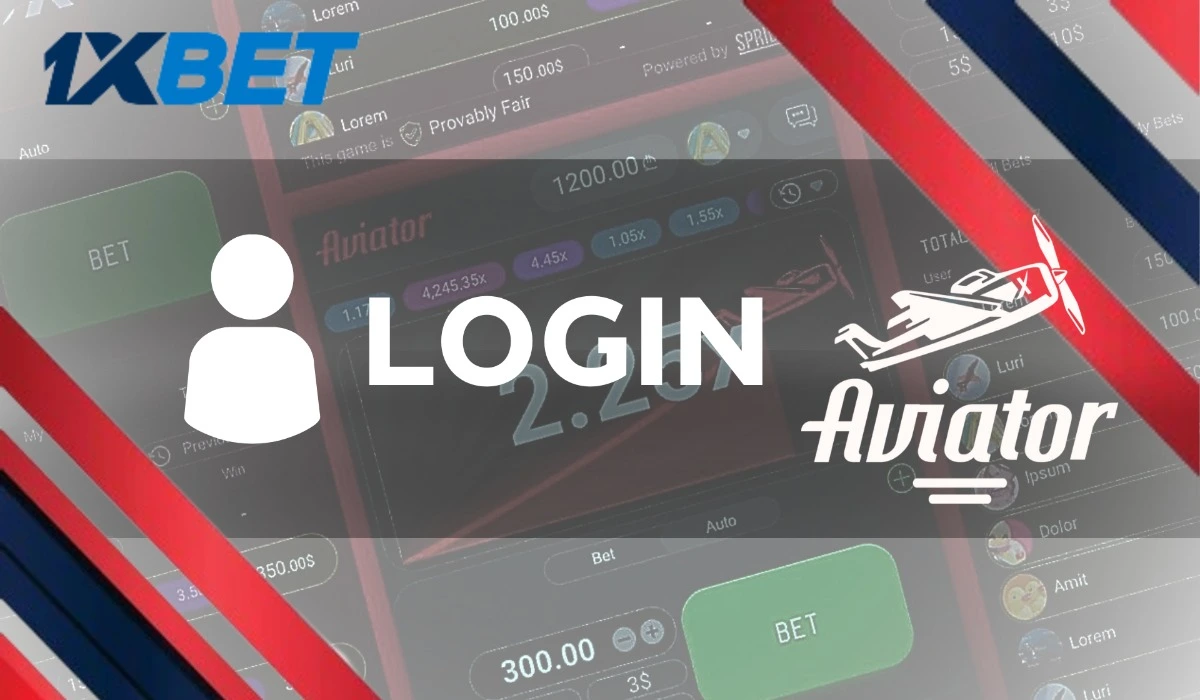 Aviator game background with 1xbet logo and inscription login