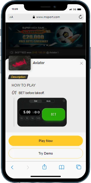 A cell phone displaying a Demo mode options of the MSport casino