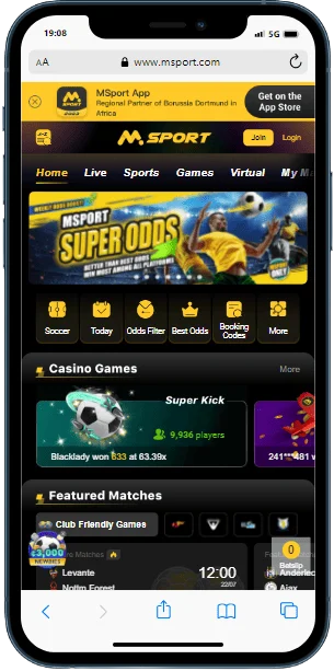 A cell phone displaying a home page of the MSport casino