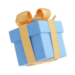 Renderize a caixa de presente azul com pacote de fita dourada