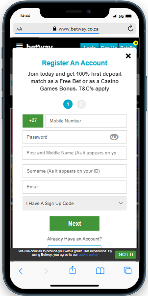 the phone with betway registration form