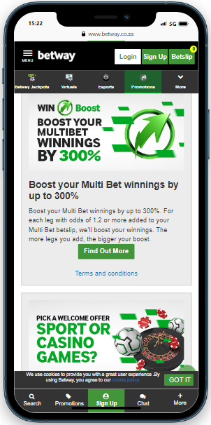 the phone with  betway promotion offers on grey beckground and green text
