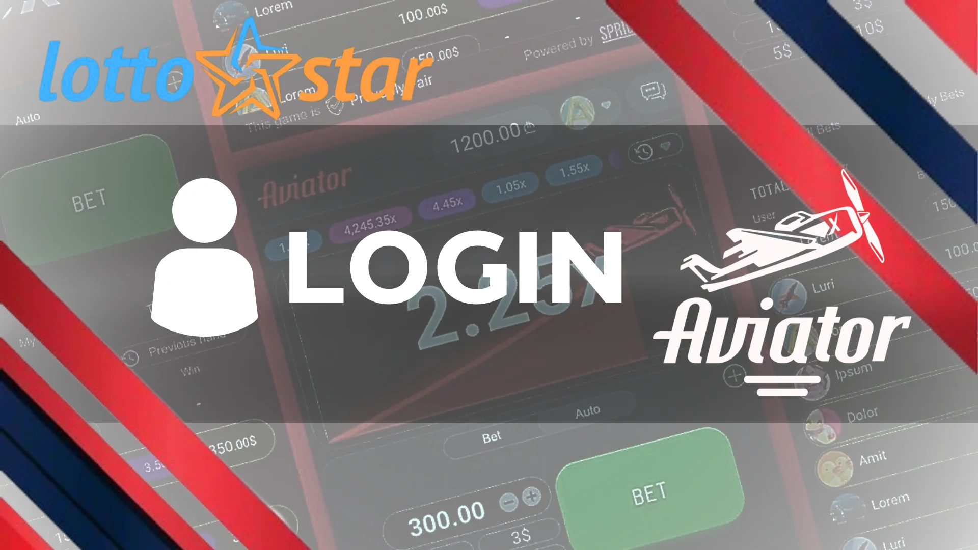 Fundo de jogo de Aviator com logotipo do cassino Lottostar e login de texto