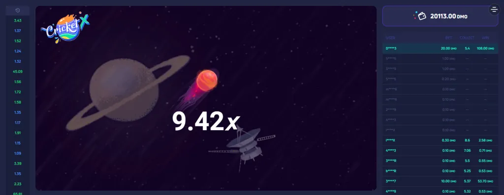 A jogabilidade sombria com planetas e uma nave espacial e o logotipo do jogo CricketX