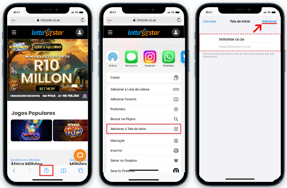 Três IPhones mostrando passos Como adicionar o link do cassino Lottostar à tela inicial