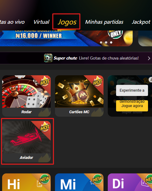 Captura de tela exibindo uma seção de jogos do cassino MSport