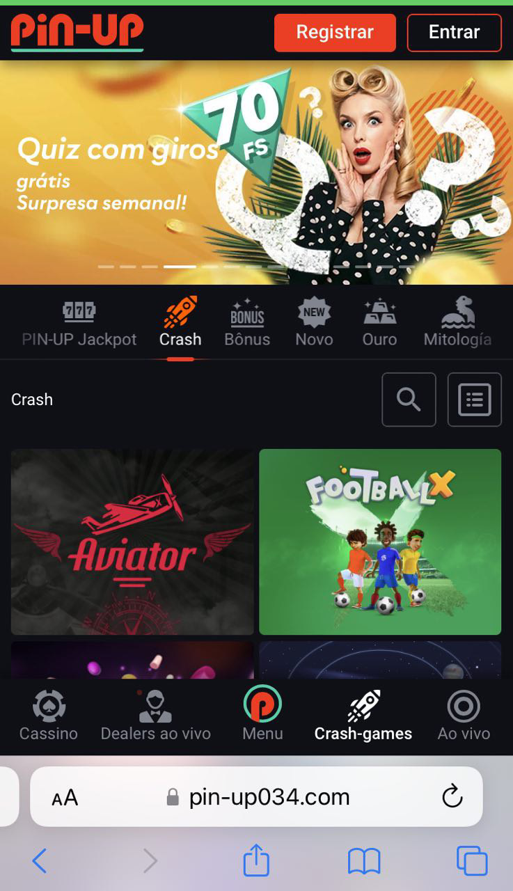 Captura de tela da interface do cassino Pin Up exibindo a seção do jogo e o jogo Aviator
