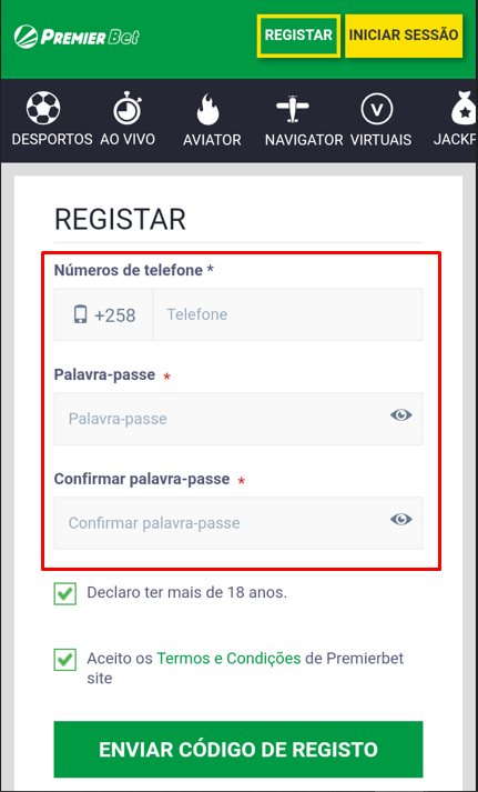 Captura de tela exibindo o formulário de registro do cassino Premier Bet